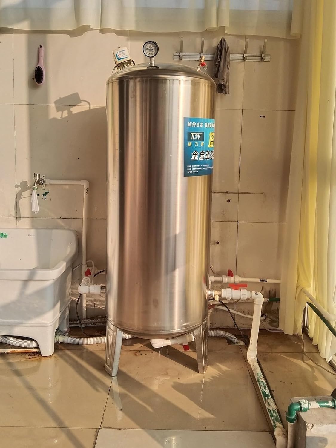 Well Pressure Tank 60gal 50gal 40gal 26gal Deep Well Pressure Tank with Installation Kit, Home/Garden Water Storage Tanks Pressurized Stainless Steel for Well Pump(60L/15.8GAL/23.6X15.7IN)