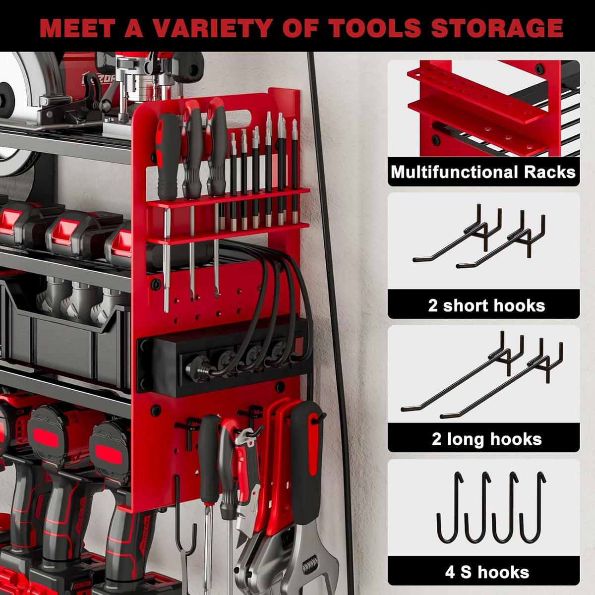 Power Tool Organizer Wall Mount, 12-Drill 4-Tier Charging Station, Red