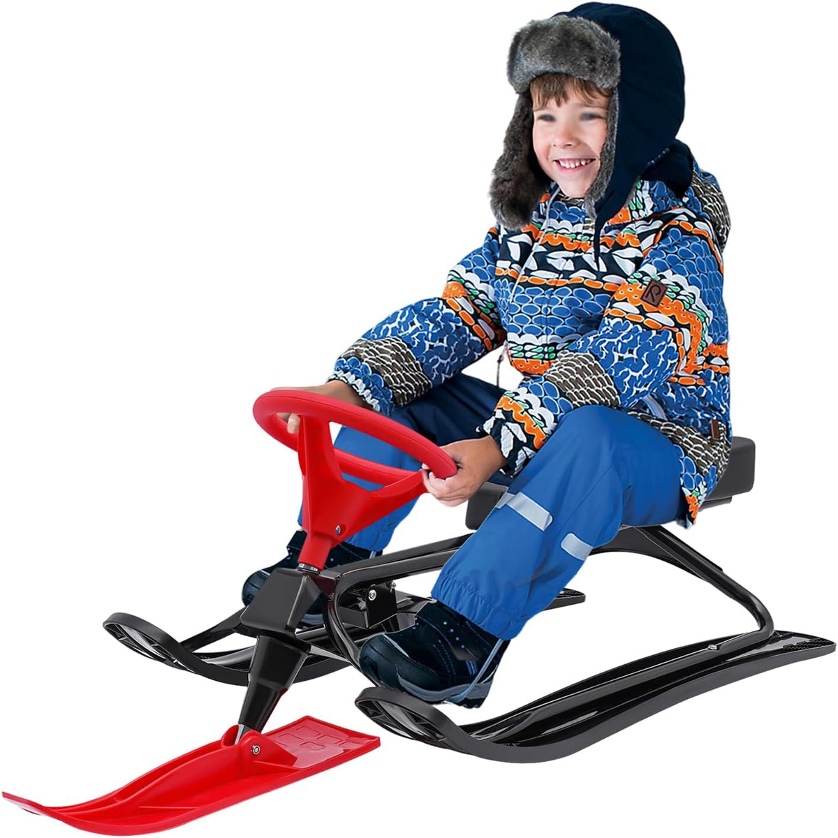Snow Sled for Kids, Snow Racer Sled with Steering Wheel, Winter Ski Sled Snow Sled KidSuitable for 3-15 Years Kid, Red
