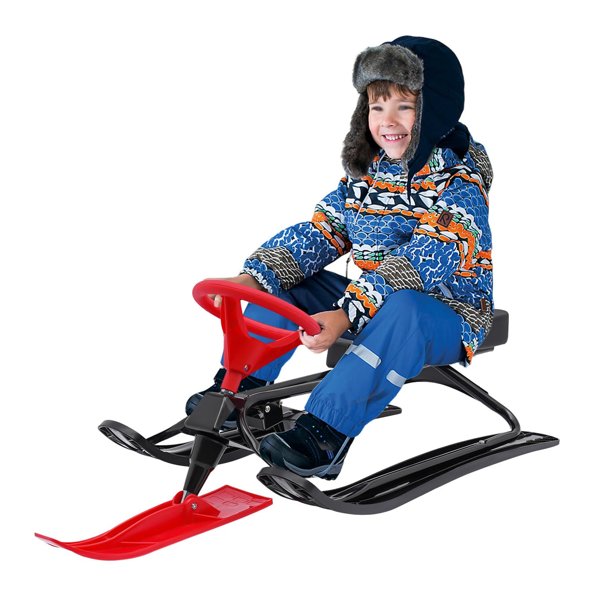 Snow Racer Sled, 18 in Ski Sled Slider Board with Flexible Steering Wheel, Two Serrated Brakes for Kids and Adult, Kids Teens Winter Sport Ski Sled Board- Ideal Gift - Max Weight 220.5lb