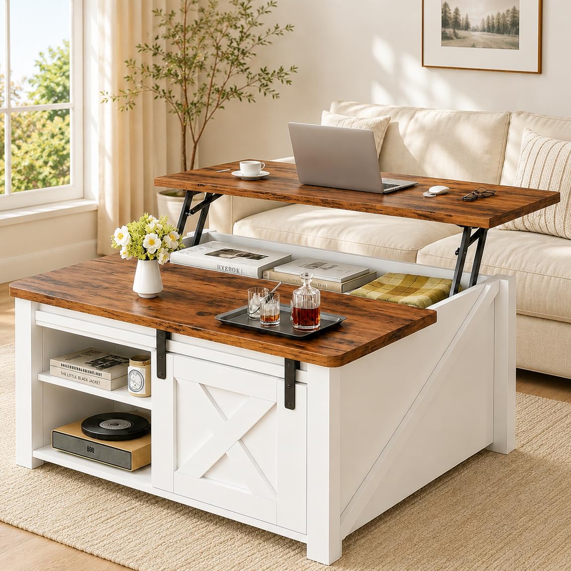 40" Lift Top Coffee Table, 4 in 1 Square Coffee Table with Storage Shelf & 2 Drawers, Modern Coffee Tables with Lift Tabletop, Converts to Dining Table for Living Room, Home Office