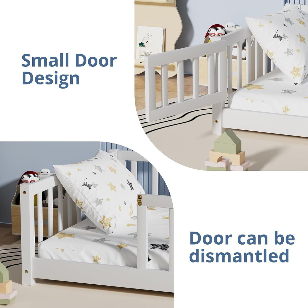 i-POOK Twin Floor Bed for Children, Sturdy Wood Montessori Bed Frame with Wood Slats, High Fence & Small Door, Montessori Floor Bed for Girls and Boys, White