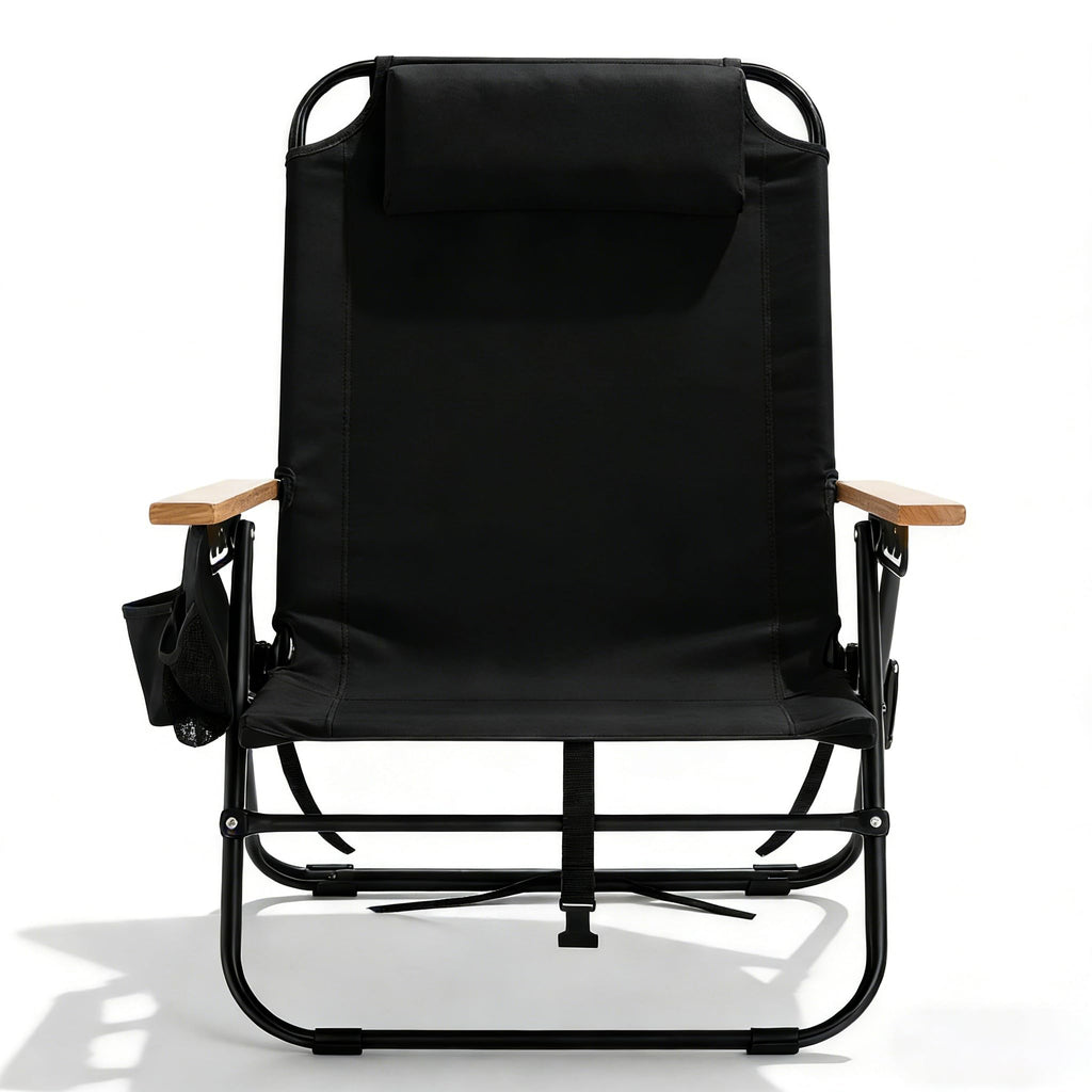 2 Pack Premium 5-Position Reclining Camping Chair - Portable Folding Lightweight Outdoor Chair with Wooden Armrests, Headrest & Pockets, 350lbs Heavy Duty for Beach, Patio, Backyard, Black