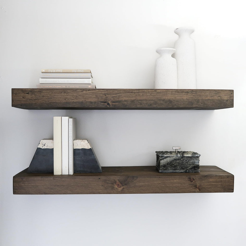 Urbandi Modern Floating Shelves 3 Inches Thick for Wall, Wide Shelves for Kitchen, Living Room, Bedroom, and Bathroom, Natural Pine Wood, Rustic Wooden Shelf, (Set of 2) (Aged Oak, 24Lx3Hx8D)
