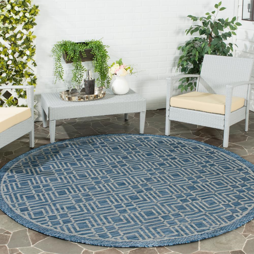 SAFAVIEH Washable Rug Outdoor Courtyard Collection - 8' x 11', Navy & Grey, Non-Shedding & Easy Cleaning, Ideal for Patio, Backyard, Mudroom (CY8467-36821)