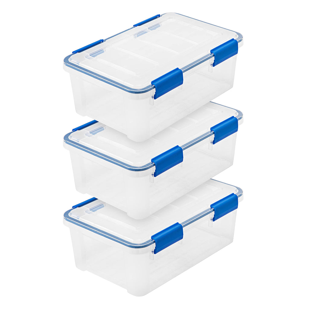 IRIS USA 3-Pack 60 Qt Storage Bins with Gasket Lids, Clear/Blue