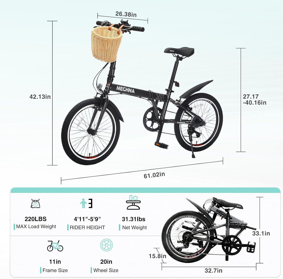 20 Inch Folding Bike for Adults with Basket & Phone Holder, 6-Speed City Commuter, Steel Frame Portable Compact Bicycle with Dual V-Brakes, Fenders, Foldable for Men Women