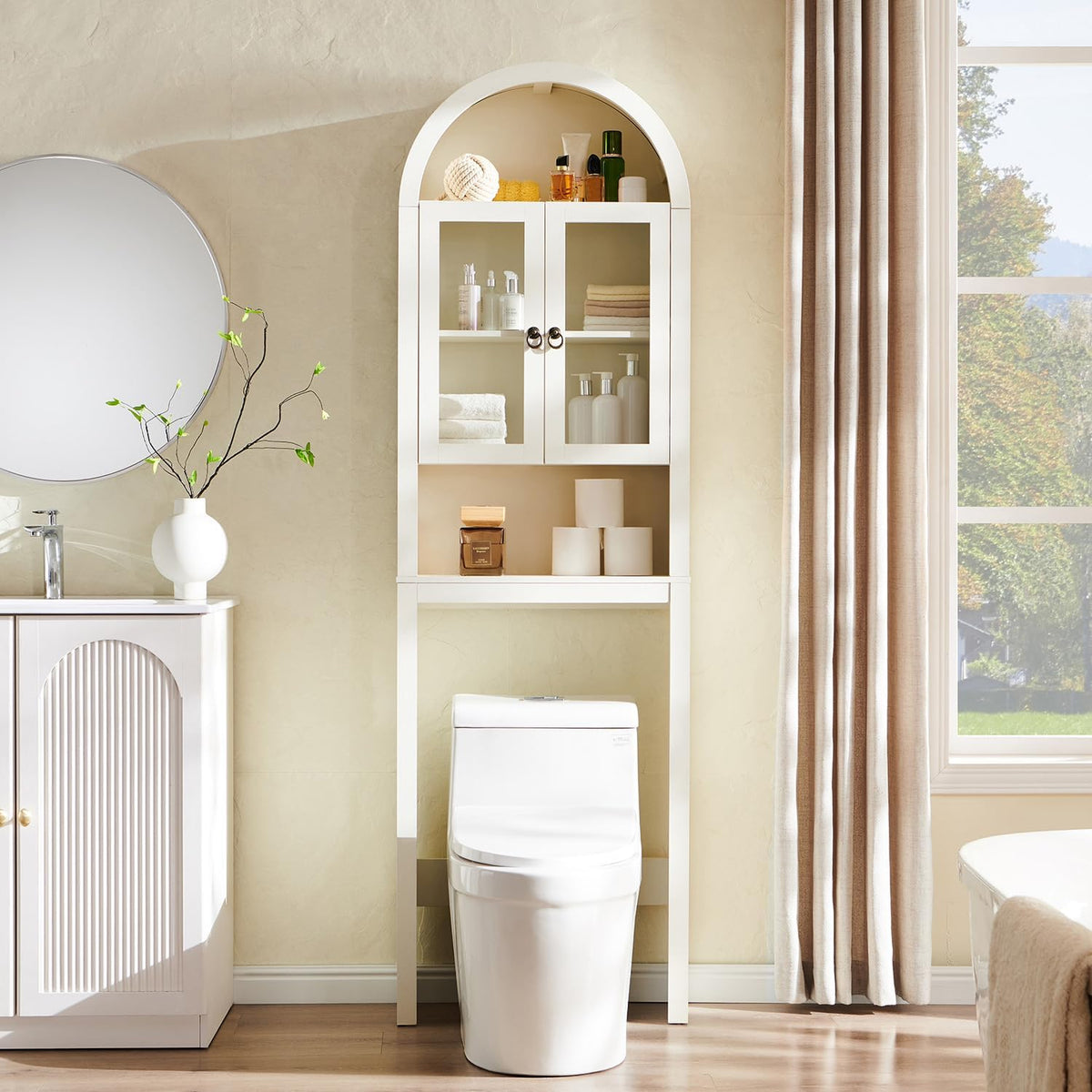 IFGET Arched Over The Toilet Storage Cabinet w/Acrylic Doors, Antique White