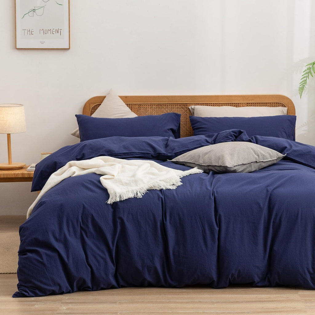 BESTOUCH Cotton Solid Duvet Cover Set Linen Feel Cornflower Blue Queen