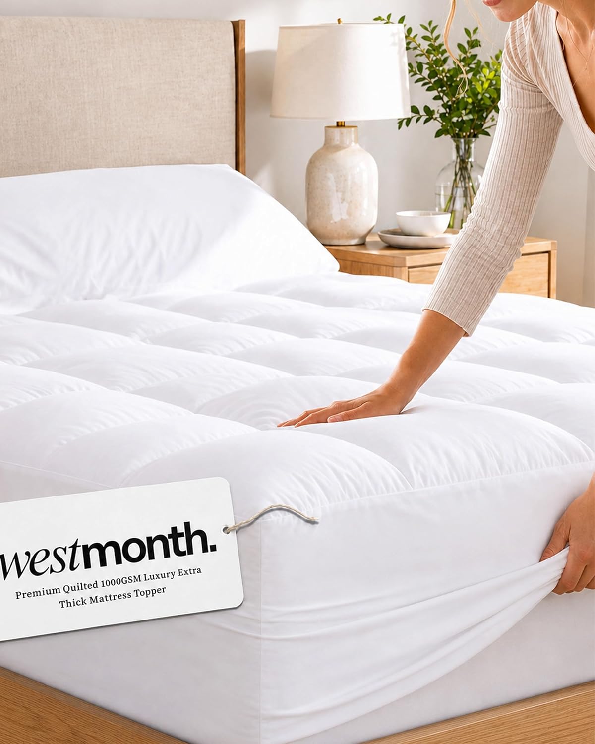 Mattress Topper, 1000 GSM 3X Thicker WestMonth Premium Quilted 1000gsm Extra Thick Hotel-Quality Mattress Topper for Back Pain, Breathable & Fluffy Cooling with (8-21") Deep Pocket（Queen）