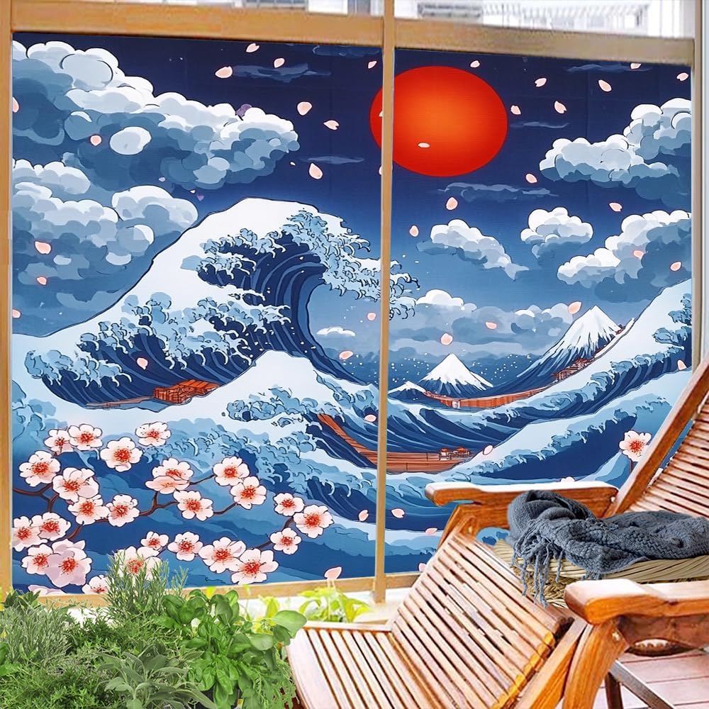 Ocean Waves Cherry Blossoms Window Privacy Film 31.5Wx47.2L inch x 2pcs