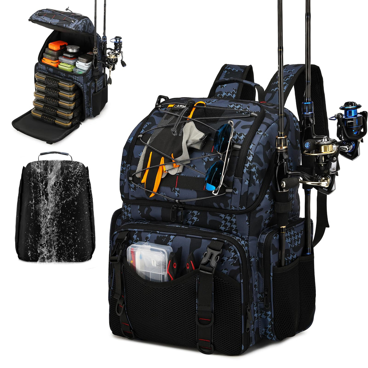 RUCYEN Fishing Backpack, 45L Large Cooler Fishing Tackle bag with Rod Holders & Rain Cover, Water-resistant Store Gear (Khaki Camo(With 4 Tackle Boxes))