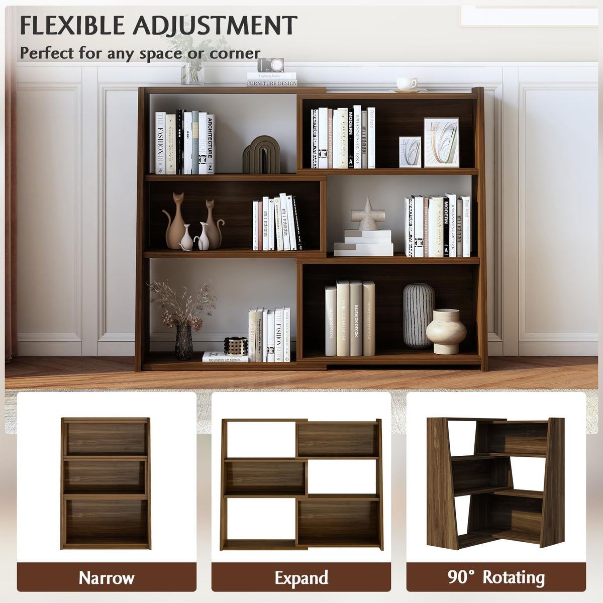 IOTXY Wooden Extendable Shelf Bookcase, 3-Tier Low Bookshelf, Walnut, S