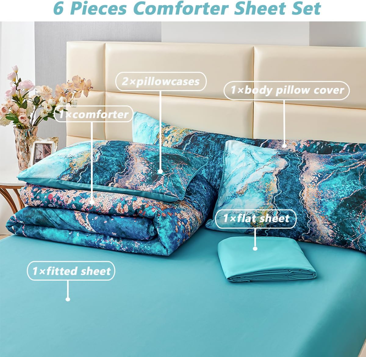 PERFEMET 6 Piece Teal King Size Comforter Set Watercolor Marble Bedding Set