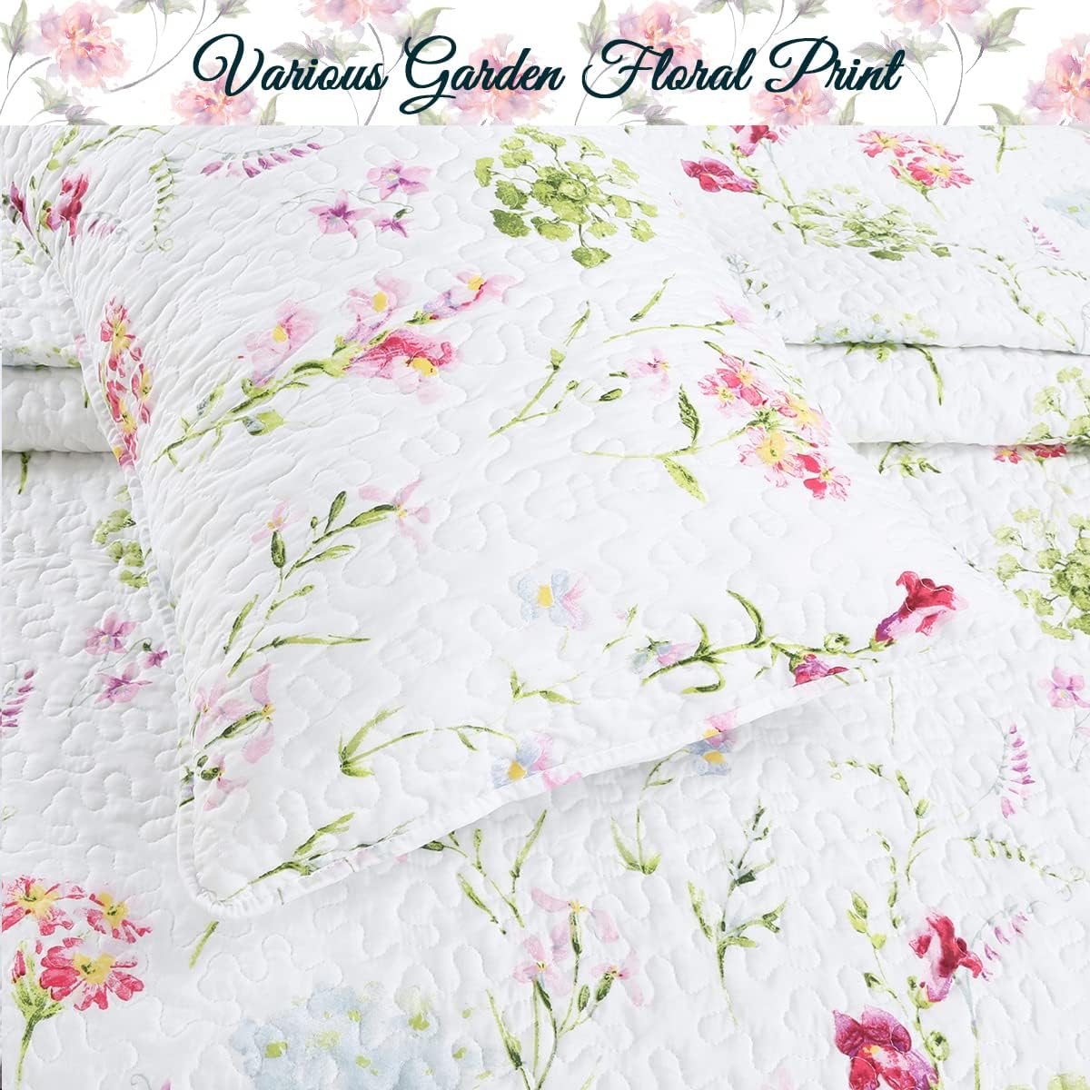 Cozy Line Home Fashions Light Pink Blue Flower Bloom Floral Garden Reversible Quilt Bedding Set, Coverlet Bedspread Lightweight for All Seasons (Carlotta, King - 6 Piece)