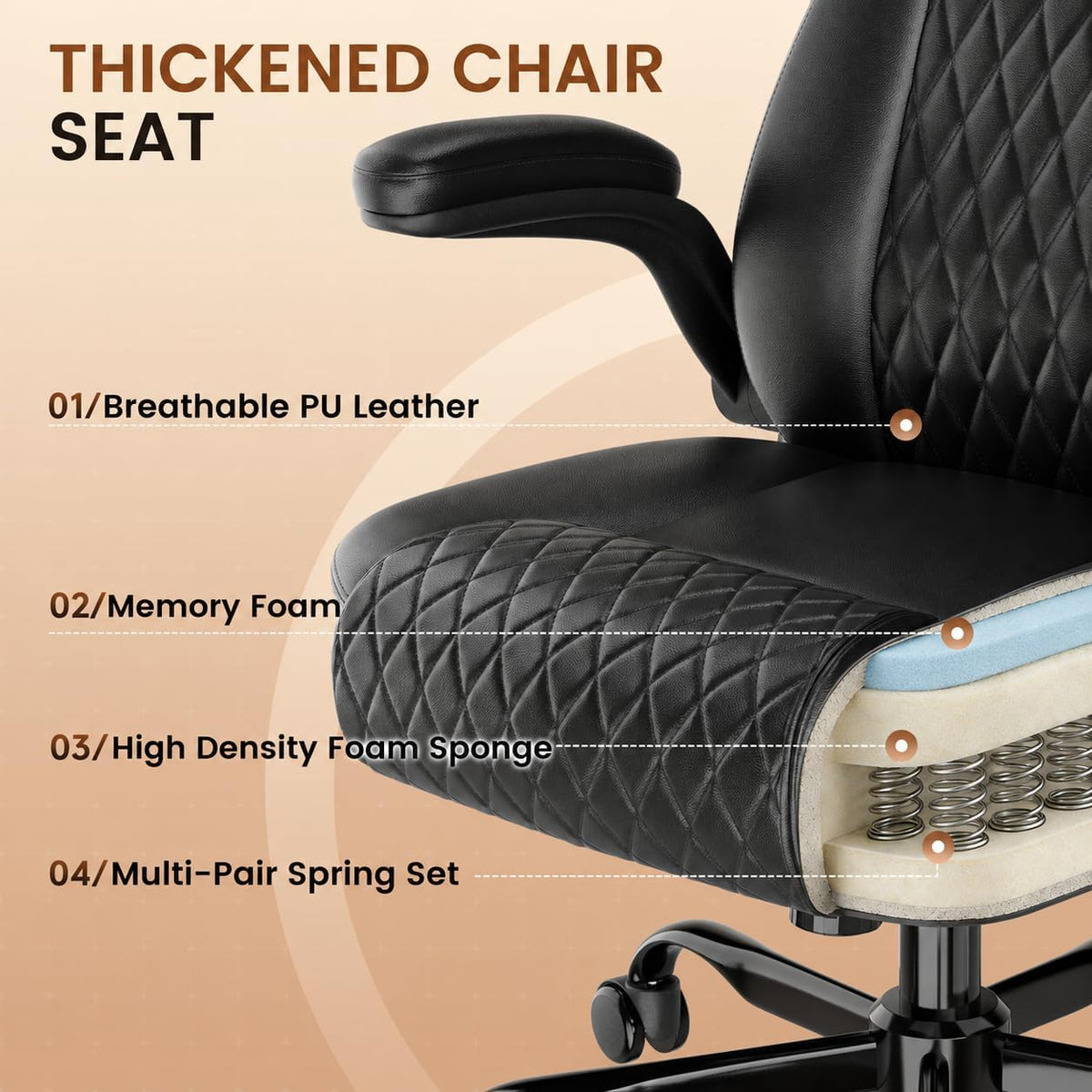 GTPLAYER PU Leather Office Chair, Home Desk Chair with Flip-up Arms, Modern