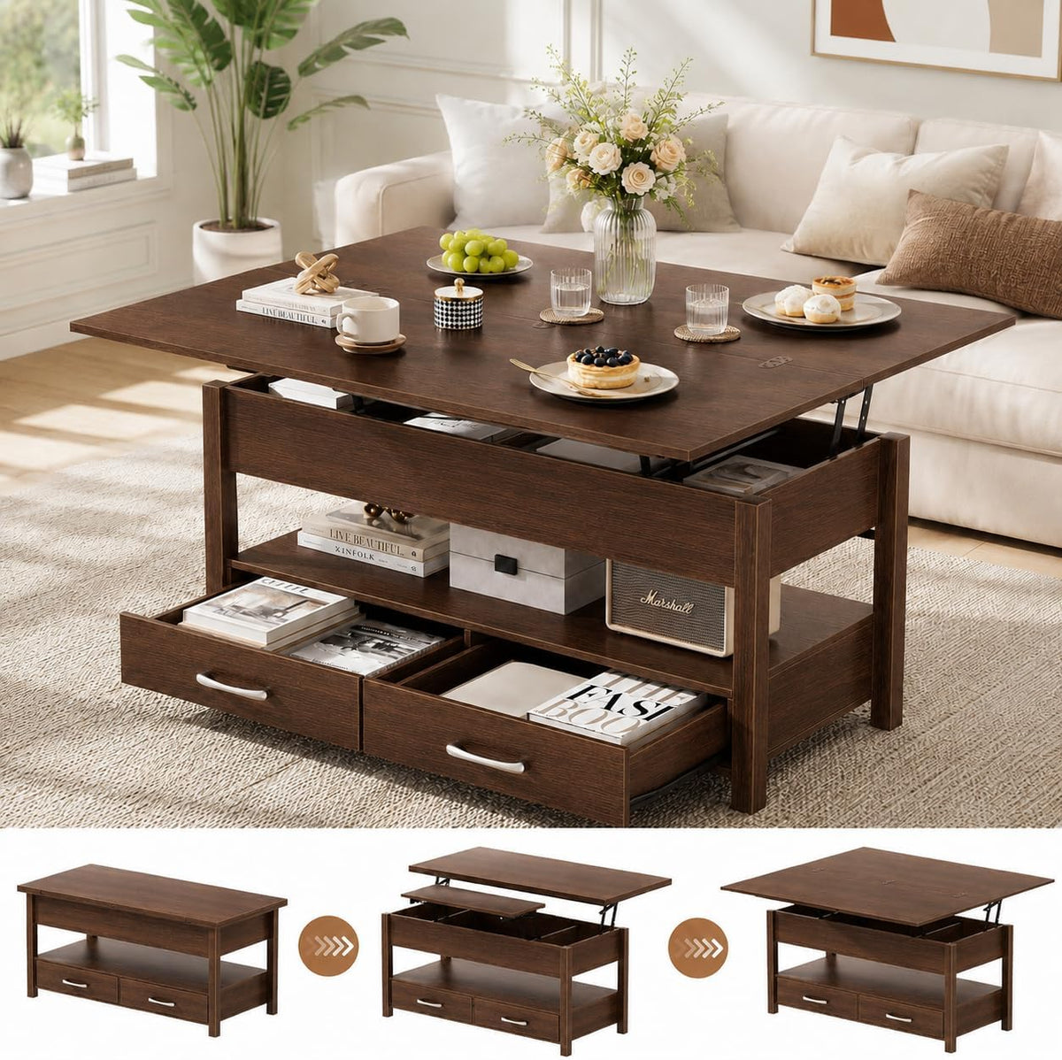 40" Lift Top Coffee Table, 4 in 1 Square Coffee Table with Storage Shelf & 2 Drawers, Modern Coffee Tables with Lift Tabletop, Converts to Dining Table for Living Room, Home Office