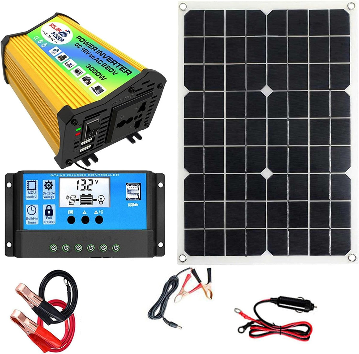 Solar System – Energy Inverter Kit, Panel Charge Controller | 3000W Home Generator with USB Ports, Complete Renewable Source for Off-Grid Cabins, System for Outdoor Setup