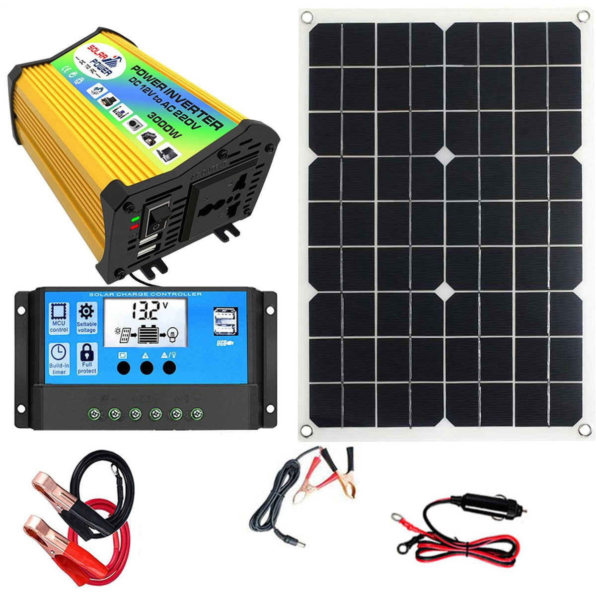 Solar System – Energy Inverter Kit, Panel Charge Controller | 3000W Home Generator with USB Ports, Complete Renewable Source for Off-Grid Cabins, System for Outdoor Setup
