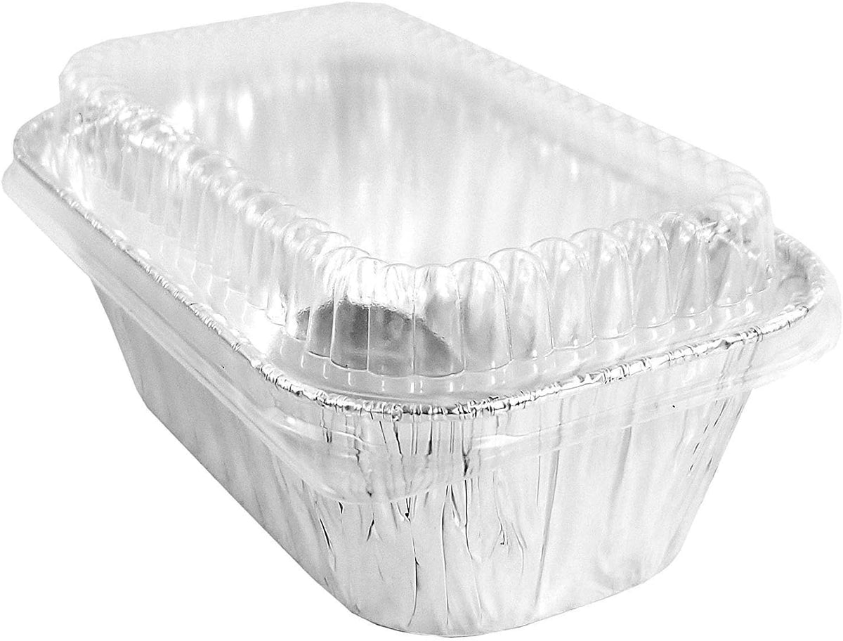 PACTOGO Disposable 1 lb. Aluminum Foil Mini Loaf Pans with Clear Low Dome Lids (Pack of 20 Sets)