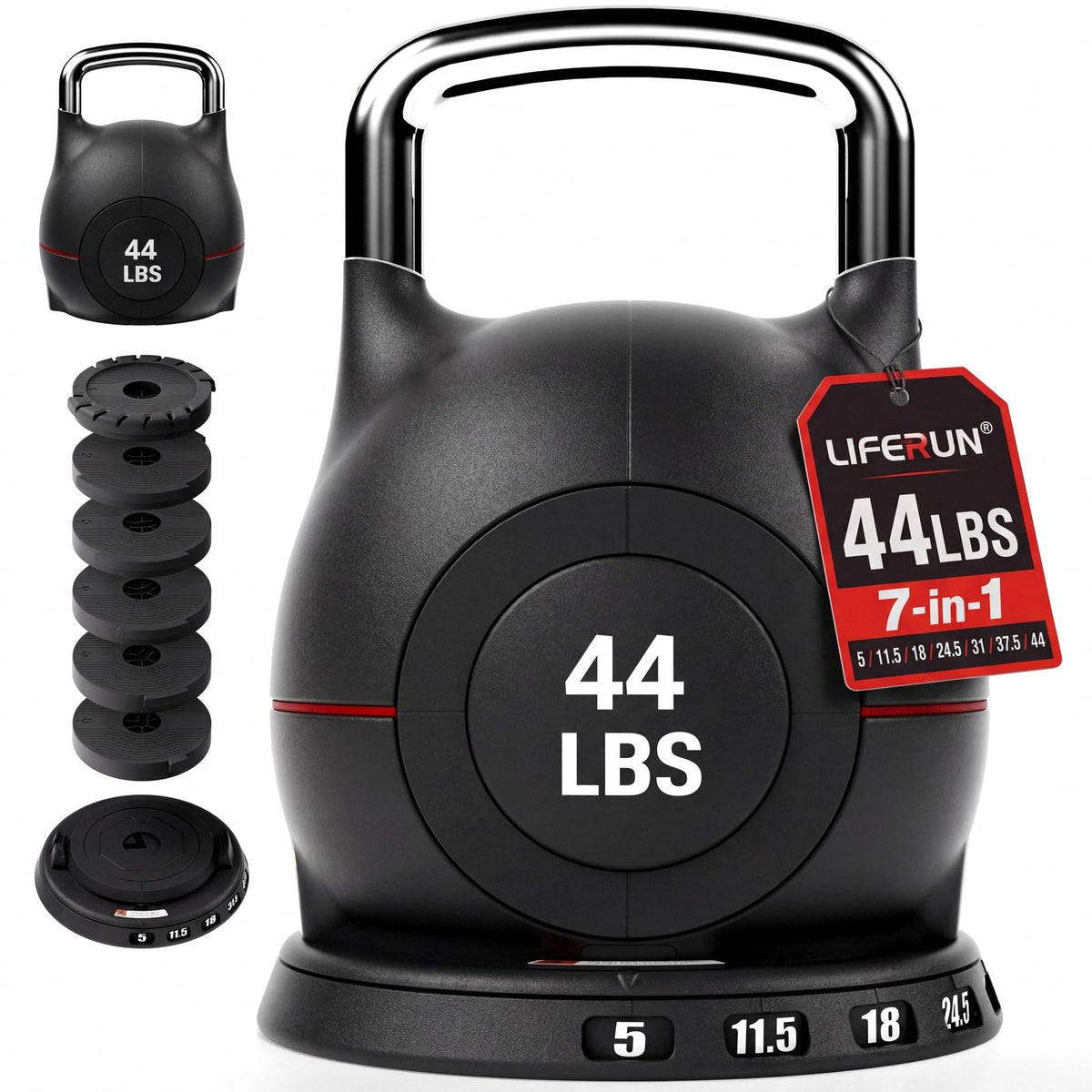 LIFERUN Adjustable Kettlebell, 22.5/44 LB Kettlebell with 7 Weight Levels