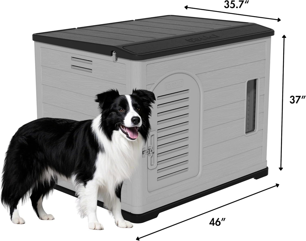 XLarge Durable Plastic Dog House for Big Dogs - Indoor Outdoor Double-Layer Insulated Doghouse with Open-Top Cover, Lockable SlidingDoor, Elevated Floor (46''L*38''W*39''H)