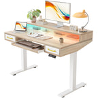 TIQLAB Standing Desk with Two Drawers, Stand Up Standing Desk Adjustable Height, Electric Sit Stand Table with Storage Shelf and Splice Board, with LED Light, 55 * 28 inch, Maple
