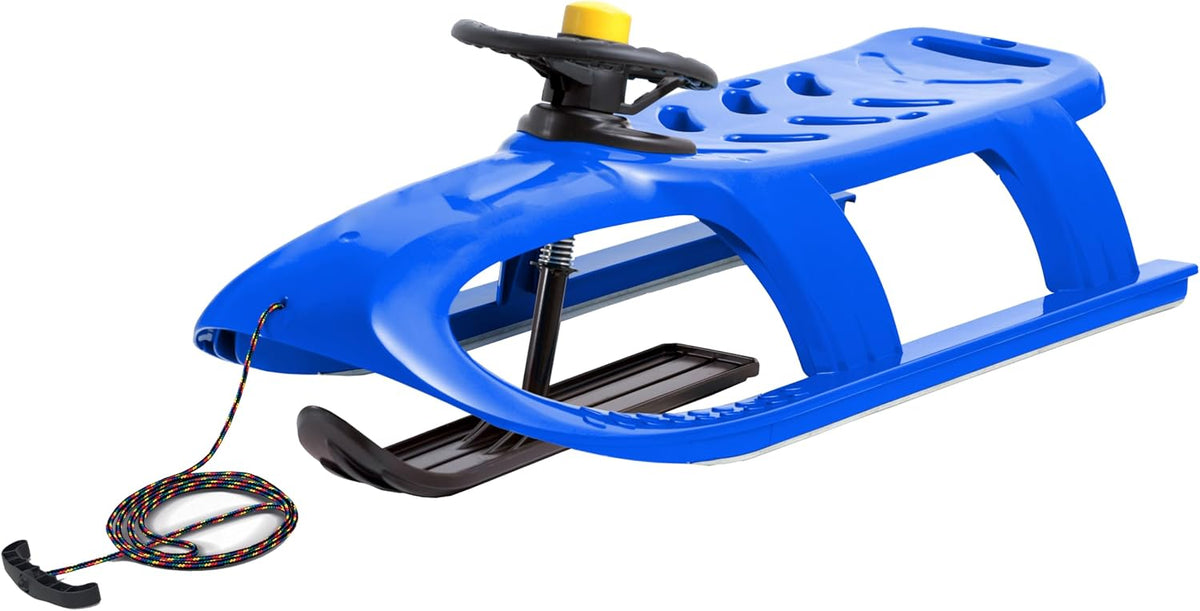 Snow Sled for Kids - SnowRush Sledge - Single Rider Racer Toboggan with Pull Rope and Steering Wheel; Outdoor Plastic Winter Sleigh for Toddlers & Kids