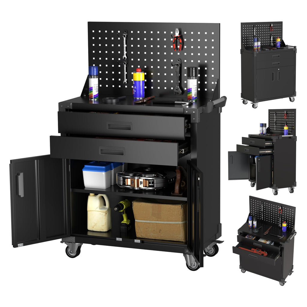 3-Drawer Rolling Tool Chest with Wheels, Pegboard and Push Handle