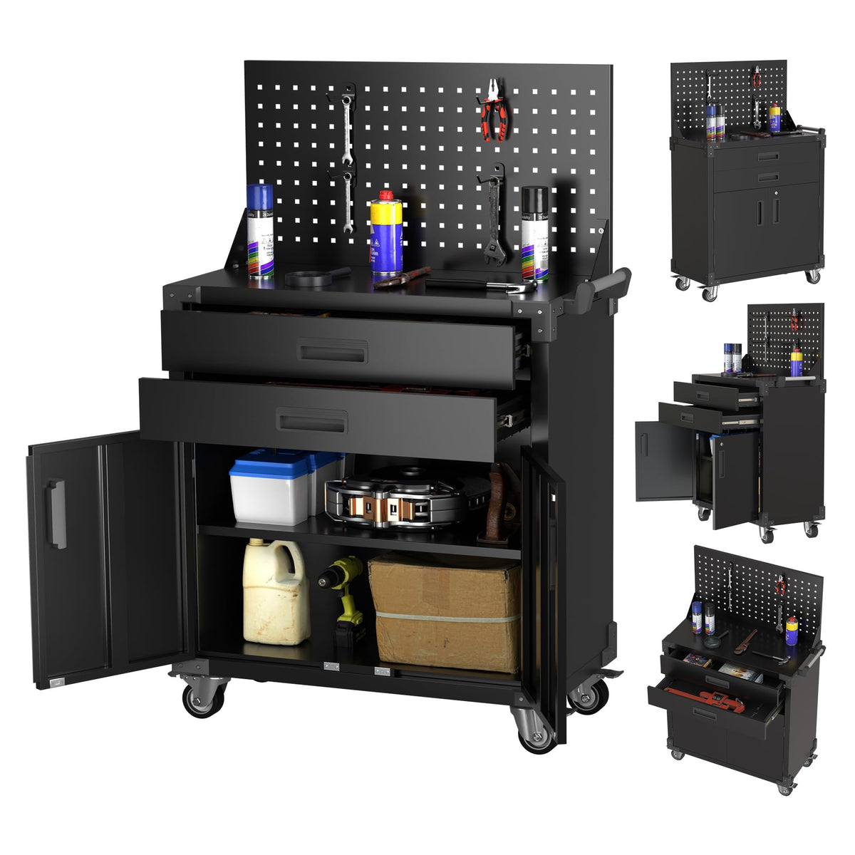 3-Drawer Rolling Tool Chest with Wheels, Pegboard and Push Handle