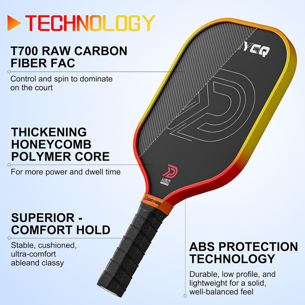 DGYGQ Pickleball Paddles, T700 Raw Carbon Fiber Surface, 16mm Polypropylene Honeycomb Core for All Skill Levels - Larger Sweet Spot for Max Spin, Control & Power