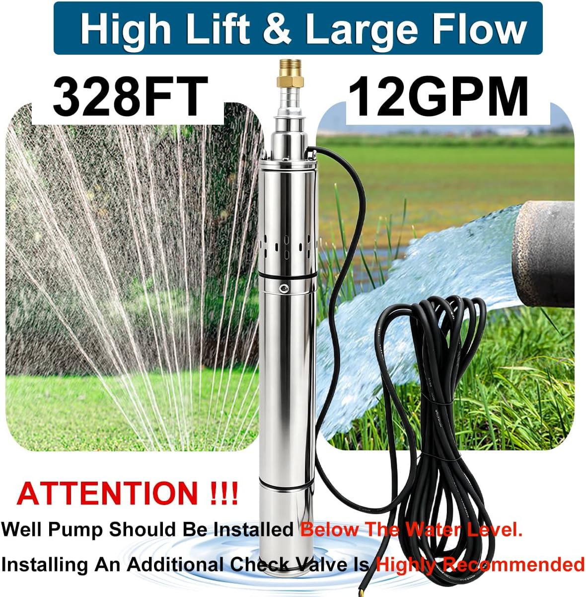 Deep Well Submersible Pump, 220V 1hp Deep Well Pump Submersible Water Pump for Industrial Irrigation and Home,328FT Lift, 12GPM, Screw Water Pump