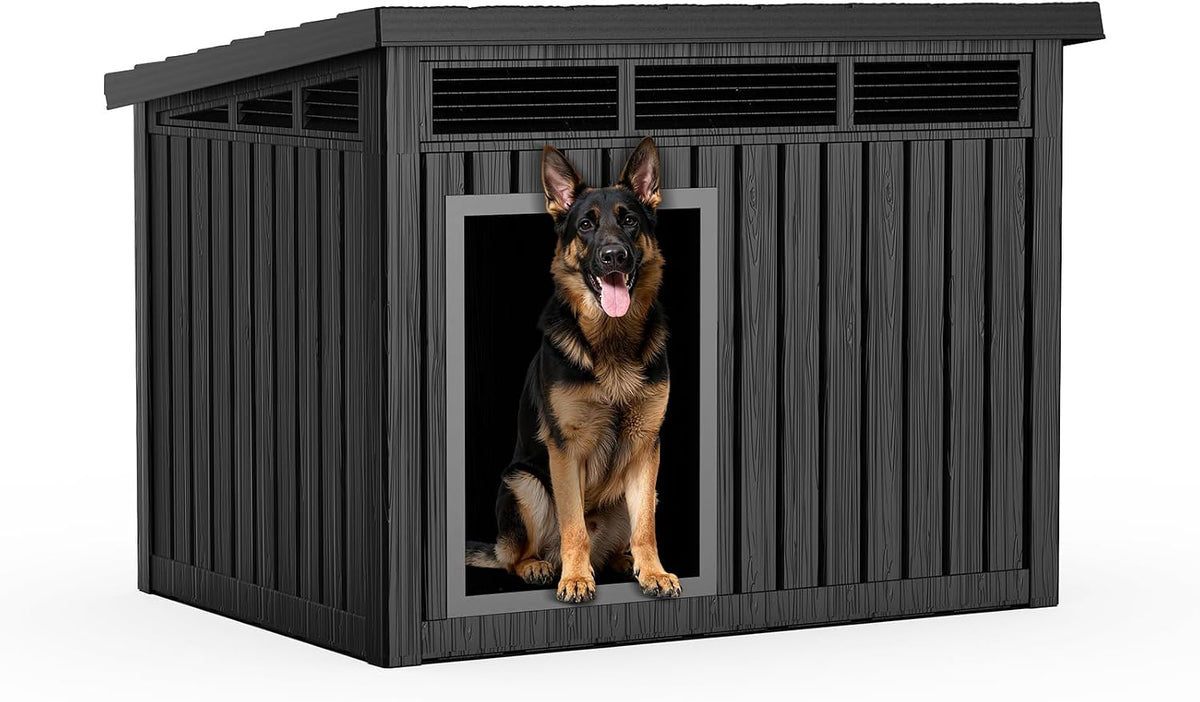 Durable Waterproof Resin Dog House,Indoor Outdoor Doghouse for Small to Large Dogs,Dog Kennel with Air Vents and Elevated Floor,Easy to Assemble and Clean(Black 42.87 * 32.95 * 31.61)