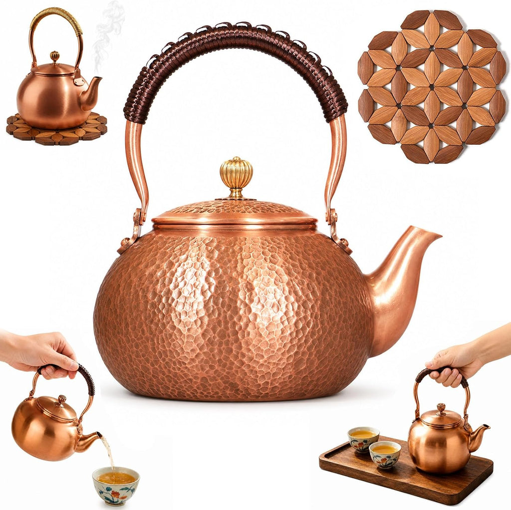Handmade Copper Stovetop Teapot Kettle, Solid Copper Tea Kettle with Vintage Hammer Design, Thickened Household Boiling Teapot for Induction, Electric, Easy to Clean (A*1200ML)