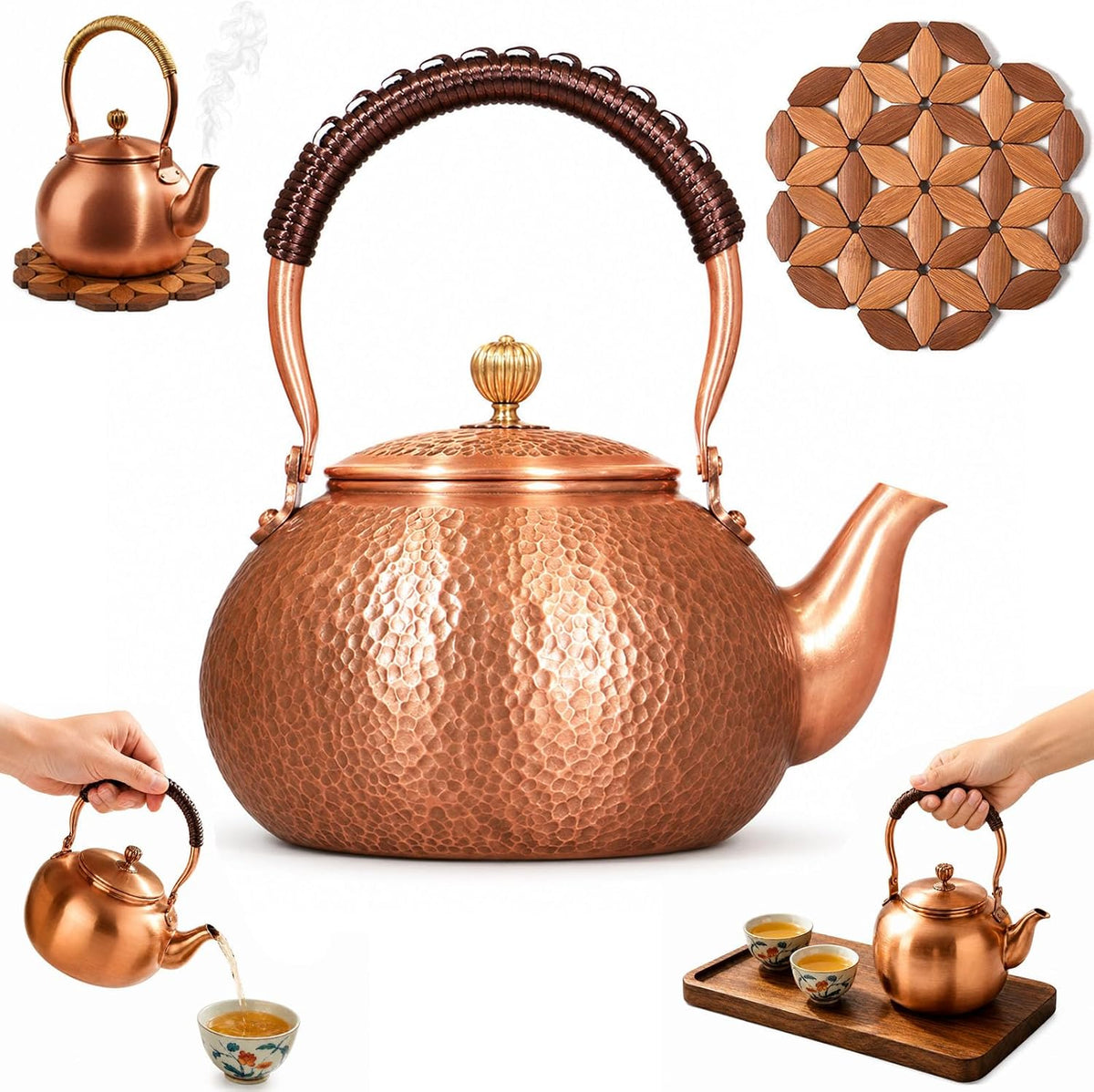Handmade Copper Stovetop Teapot Kettle, Solid Copper Tea Kettle with Vintage Hammer Design, Thickened Household Boiling Teapot for Induction, Electric, Easy to Clean (A*1200ML)