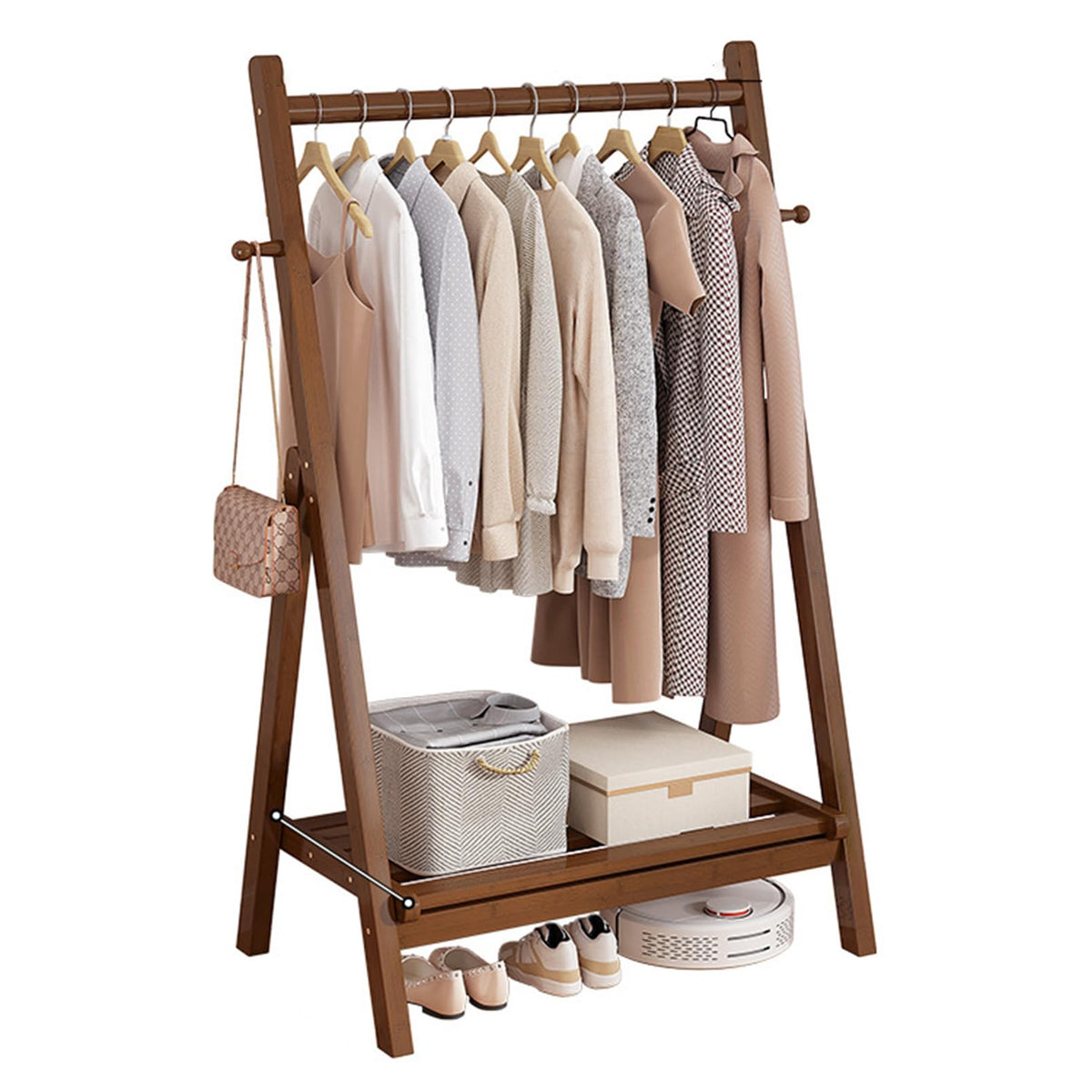 Unique Coat Rack Stand, Bamboo Clothing Rack Foldable Clothes Hanging Stand with Storage Shelf for Laundry, Guest Room, Apartment, Entryway