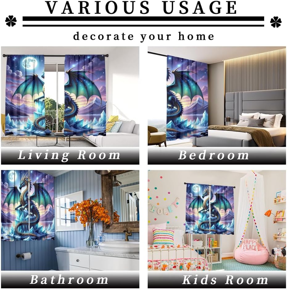 Fantasy Mythical Animal Dragon Curtains,Dreamy Galaxy Full Moon Room Darkening Blackout Window Treatment,Mythological Wildlife Dragon Rod-Pocket Privacy Curtains,2pcs,Each 52“W x 96”L