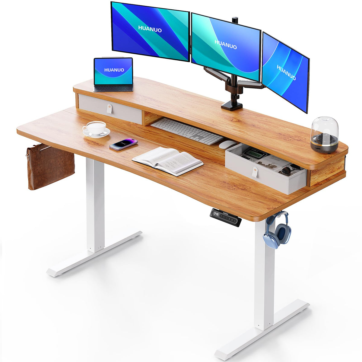 HUANUO 48″ x 28″ Electric Standing Desk with 2 Drawers, C-Clamp Mount Compatible, Height Adjustable Computer Desk, Home Office Stand Up Desk with 4 Preset Heights & 2 Hooks, Black
