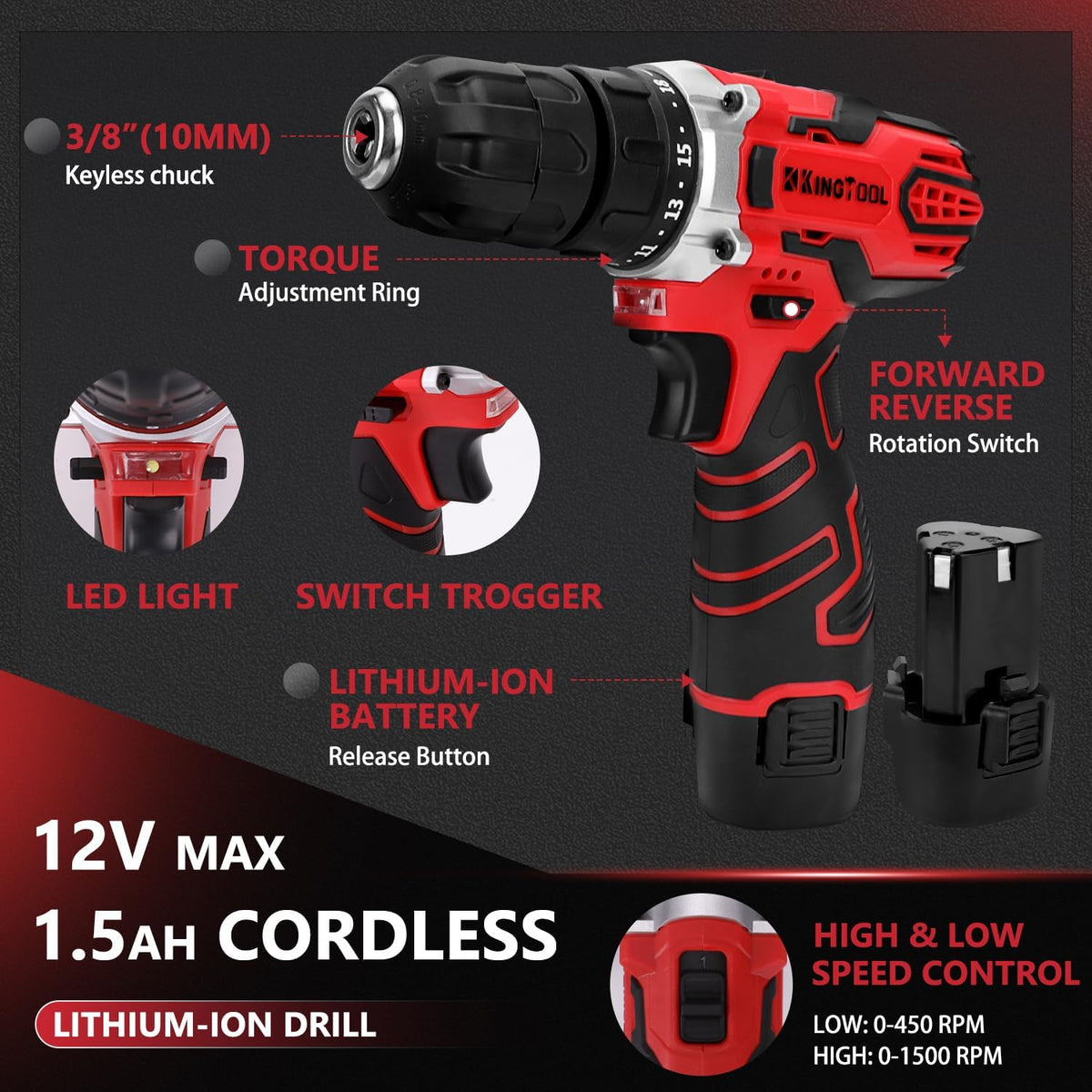 KingTool 276-Piece Tool Set Kit with 12V Cordless Power Drill (Red Black)