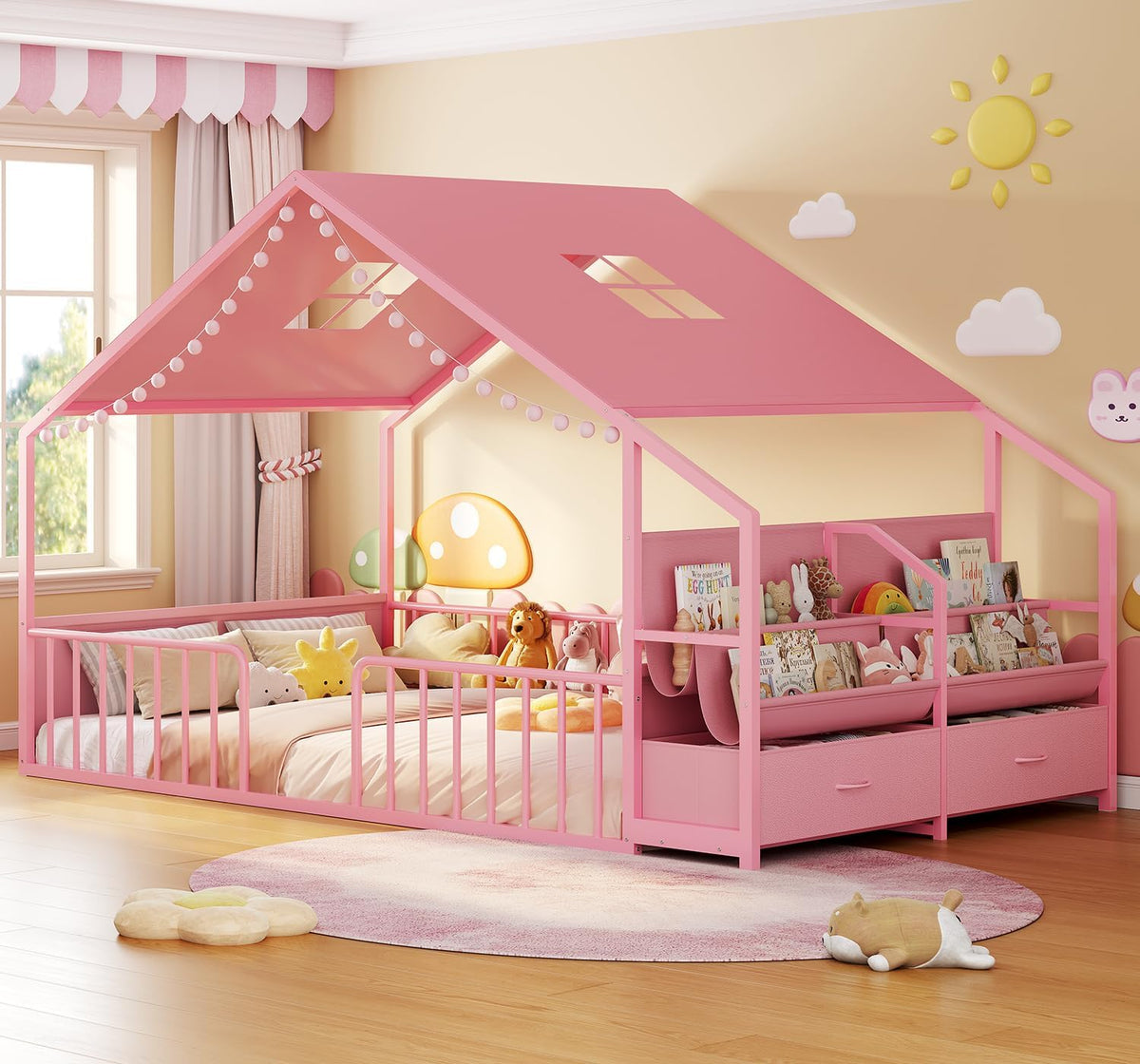 Montessori Full Size Floor Bed, Safety Guardrails, Reading Nook, Pink