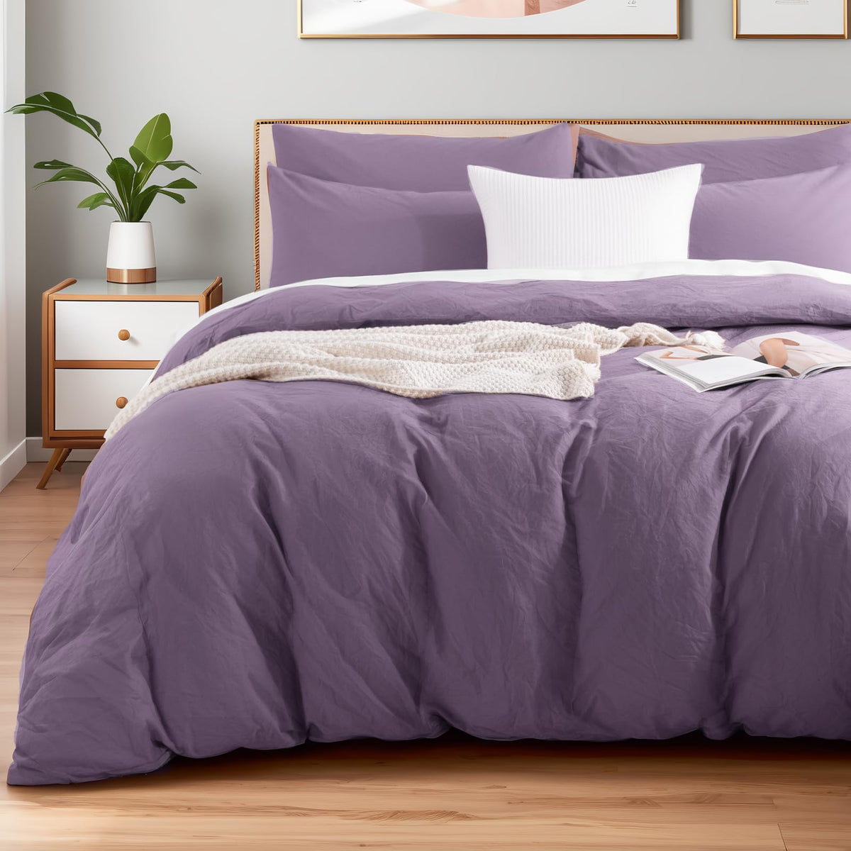 NEXHOME PRO Duvet Cover Set Queen Size Linen Look Textured 100% Washed Cotton Duvet Cover Burgundy Dark Red 3 Pieces Bedding Set with Zipper Closure,Breathable, Soft Organic Natural(No Comforter)