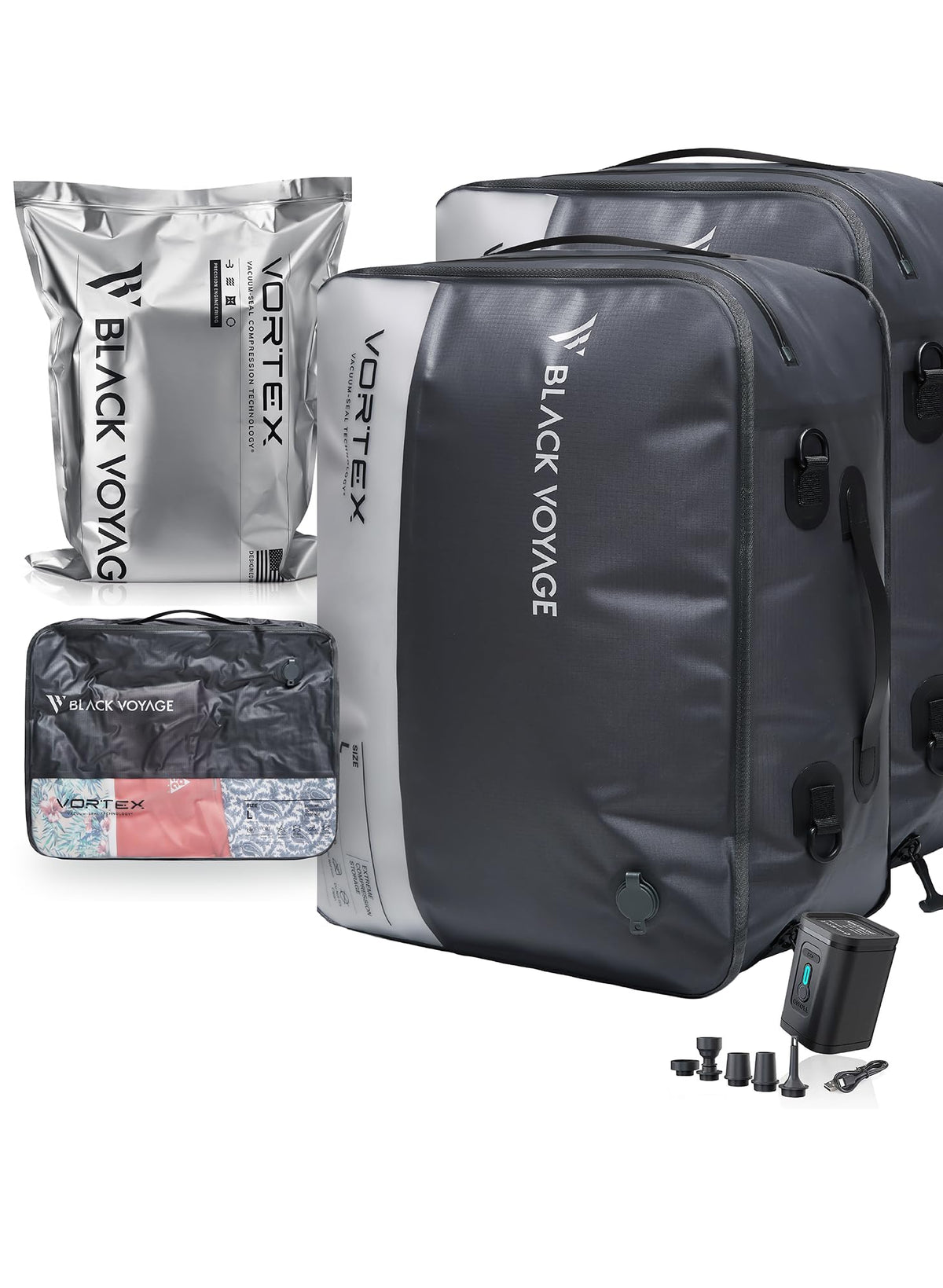 Black Voyage Reusable Vacuum Compression Travel Bag for Carry-On Suitcase and Backpack, Recycled IPX8 Waterproof Space Saver Vacpack (2-Pack, 41L - No Pump)
