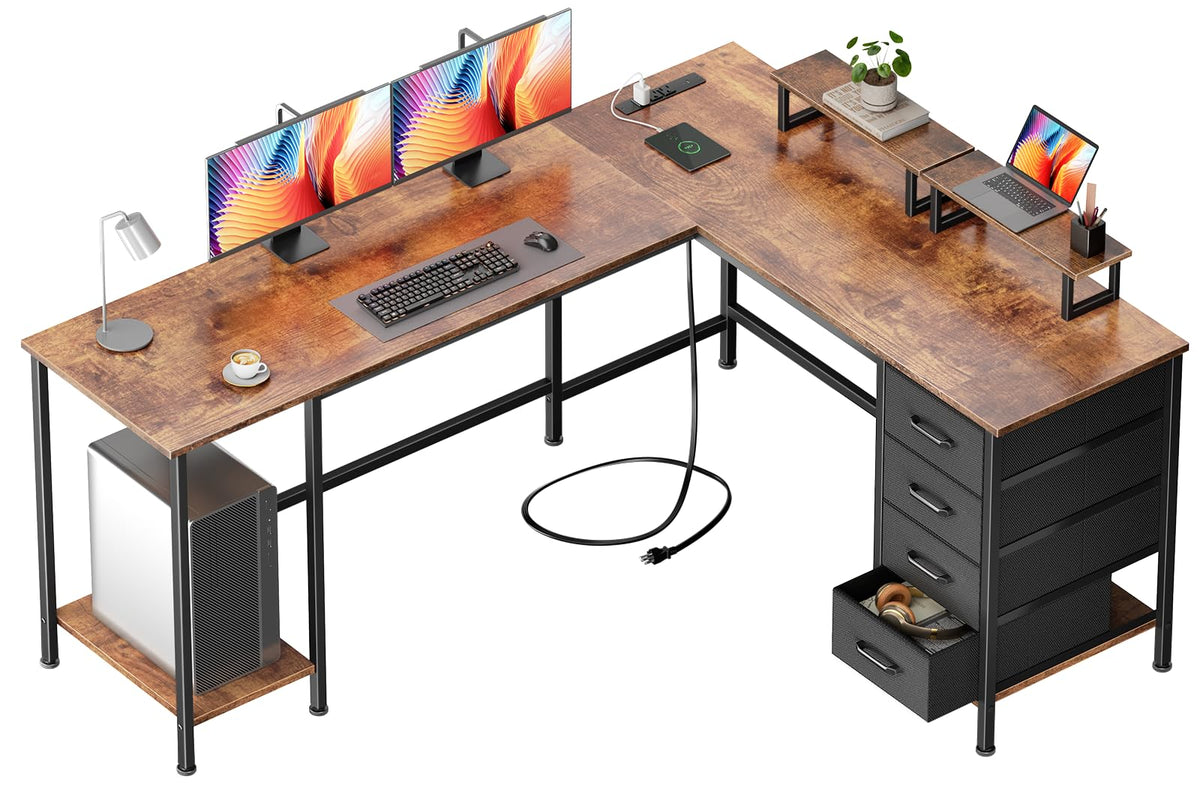 Korfile 59 inch L Shaped Computer Desk with Power Outlets, Black