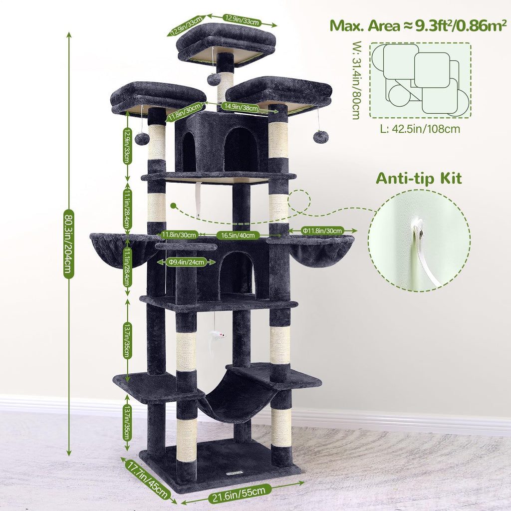 Globlazer Big XXL Cat Tower for Indoor Multiple Cats, F80, Dark Grey