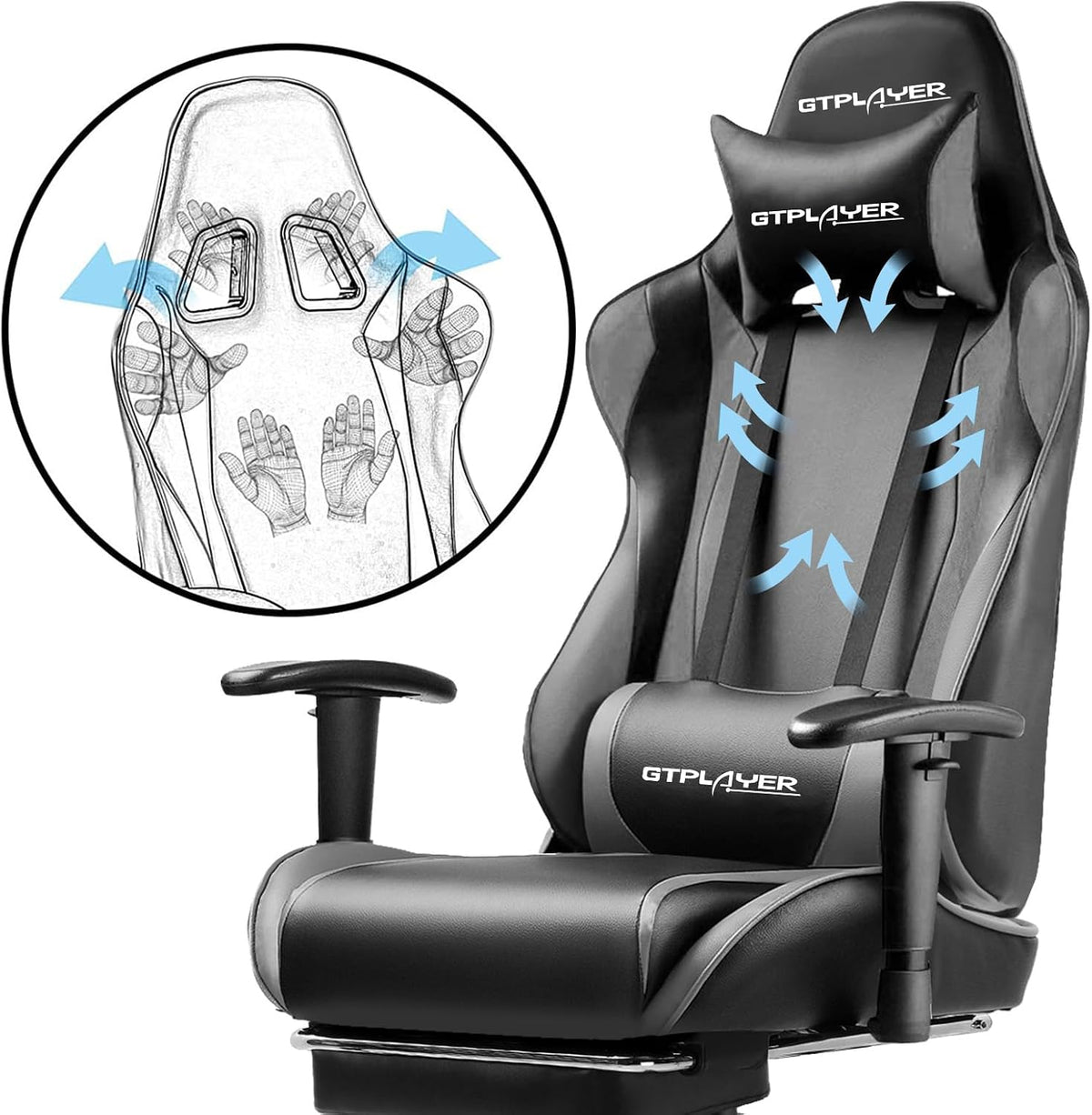 GTPLAYER Gaming Chair with Footrest, Ergonomic Computer Game Desk Chair, Reclining Gamer Chair Seat Height Adjustment, Swivel Rocker with Headrest and Lumbar (Gray)