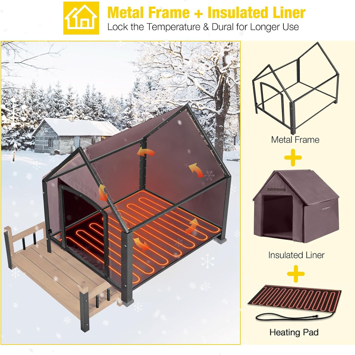 Dog House with Insulated Liner, Waterproof Dog Kennel for Small to Medium Size Dogs, Outdoor Doghouse 100% Insulated Puppy Shelter with Elevated Floor for Winter (Brown-Heated, Medium)