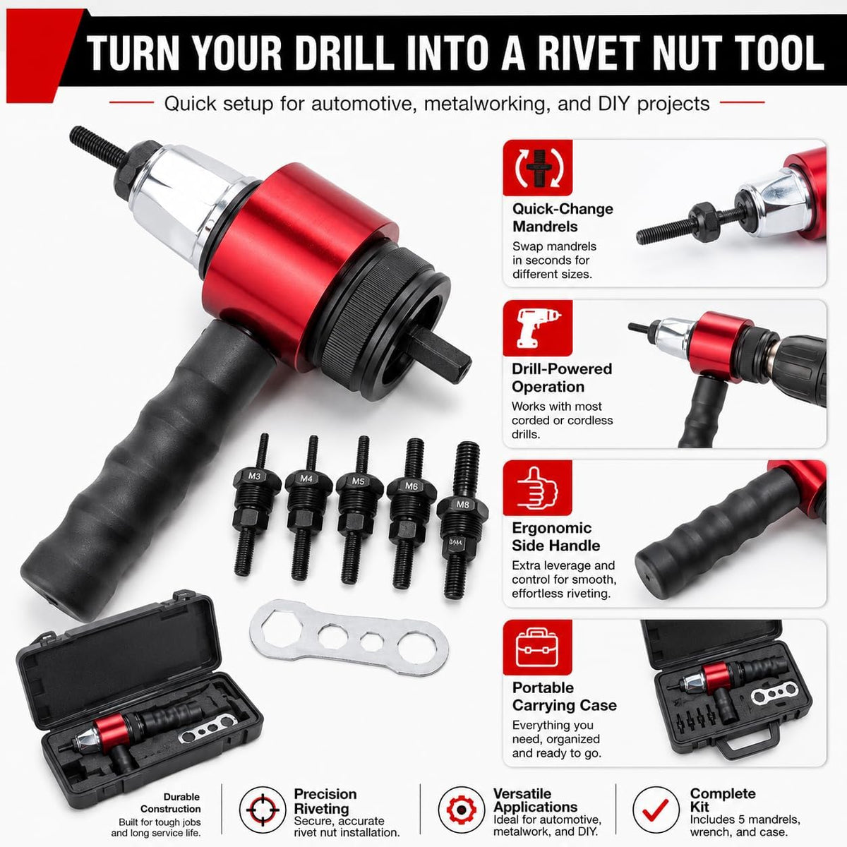 Upgrade M3-M8/M10 Electric Rivet Gun Adapter Kit, Rivet Nut Tool for Cordless Drill, Quick Change Nutsert Setter with Metric Mandrels, Carrying Case for Automotive Metalworking DIY (a-2pcs)