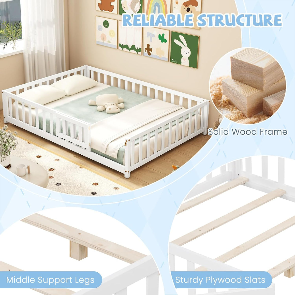 GIANTEX Full Size Floor Bed for Kids, Low Montessori Bed with Wood Slats & Safety Guardrails, Solid Wood Full Floor Beds with Fence and Door for Kids Boys Girls, White