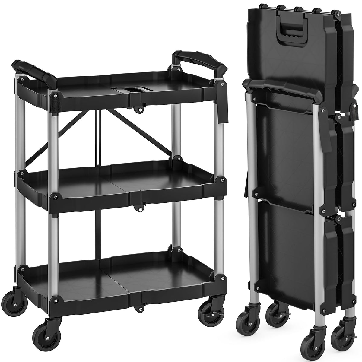 YITAHOME 3-Tier Folding Utility Cart with Wheels (2 Brakes), 240lbs