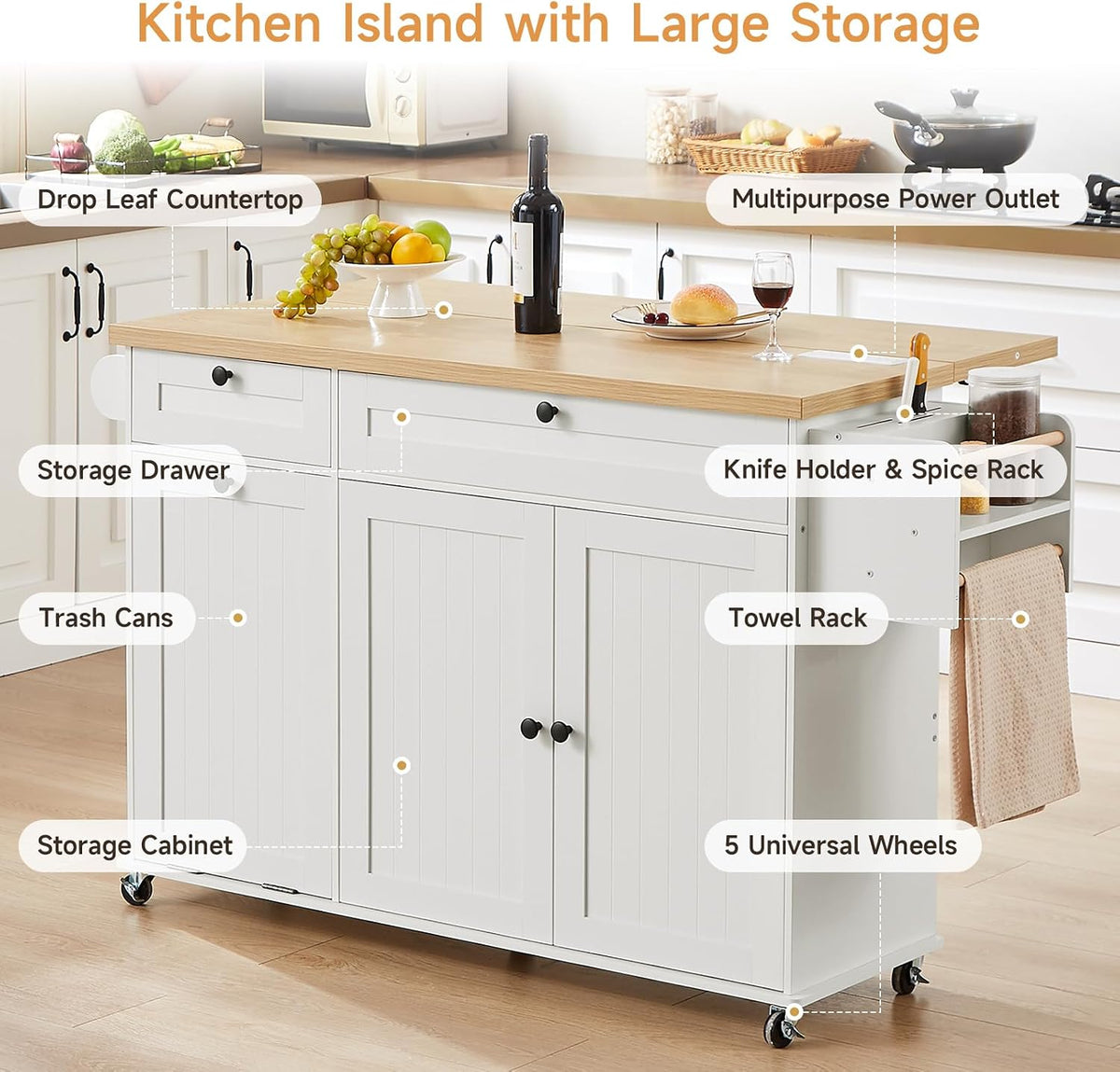 ONBRILL 60" Kitchen Island with Trash Can Storage, Rolling Island Table